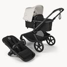 Bugaboo Kangaroo 2-in-1 stroller with one bassinet, Midnight Black fabrics, and Misty White sun canopy. A detached seat in Midnight Black sits next to the stroller.