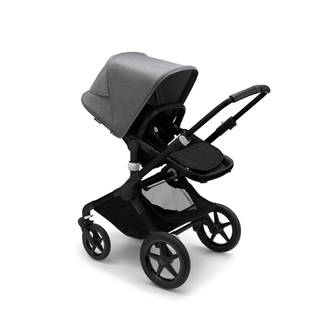 Bugaboo Fox 3 seat stroller with black frame, black fabrics, and grey sun canopy.