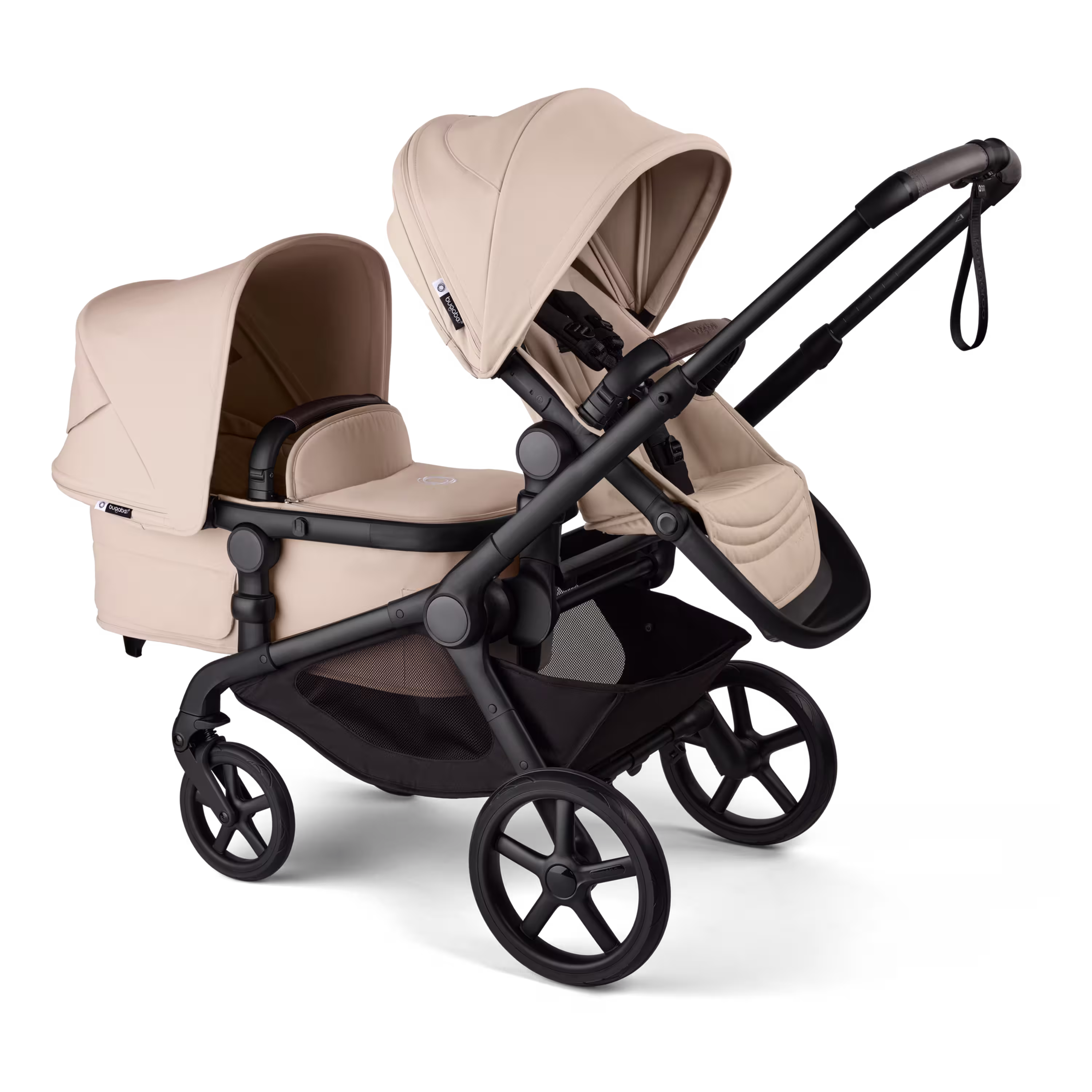 Bugaboo Kangaroo Double bassinet and seat pram black base, desert taupe fabrics, desert taupe sun canopy - Main Modal Image Slide 3 of 18