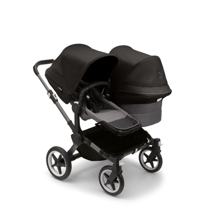 Bugaboo Donkey 5 Duo seat and bassinet stroller with graphite chassis, grey melange fabrics and midnight black sun canopy.