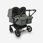 Bugaboo Donkey 5 twin stroller black base, forest green fabrics, forest green sun canopy