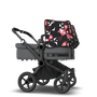 Bugaboo Donkey 5 Twin bassinet and seat stroller black base, grey mélange fabrics, animal explorer pink/red sun canopy