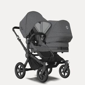 Bugaboo Donkey 5 Duo double stroller black base, grey mélange fabrics, grey mélange sun canopy