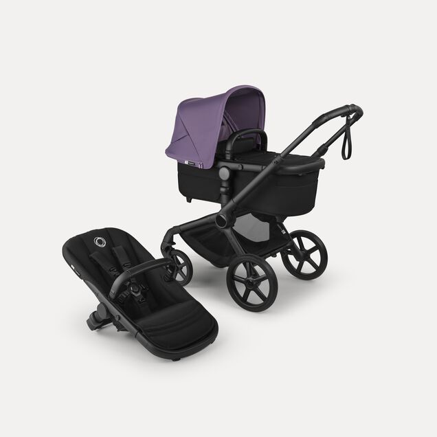 Bugaboo Fox 5 Renew bassinet and seat 2-in-1 stroller, with black chassis, Heritage Black fabrics, and Astro Purple sun canopy. - Main Image Slide 1 of 12