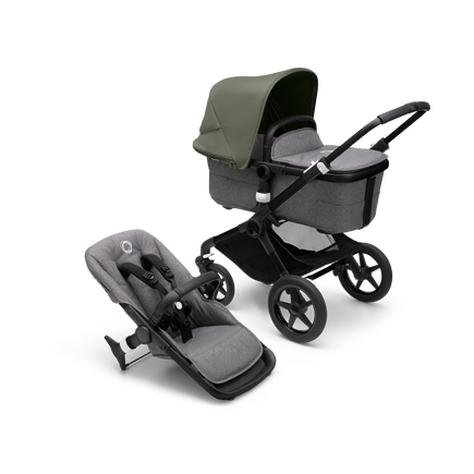 Bugaboo Fox 3 carrycot and seat pushchair with black frame, grey melange fabrics, and forest green sun canopy.