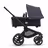Side view of the Bugaboo Fox 5 carrycot pushchair with black chassis, midnight black fabrics and stormy blue sun canopy. - Thumbnail Slide 2 of 13