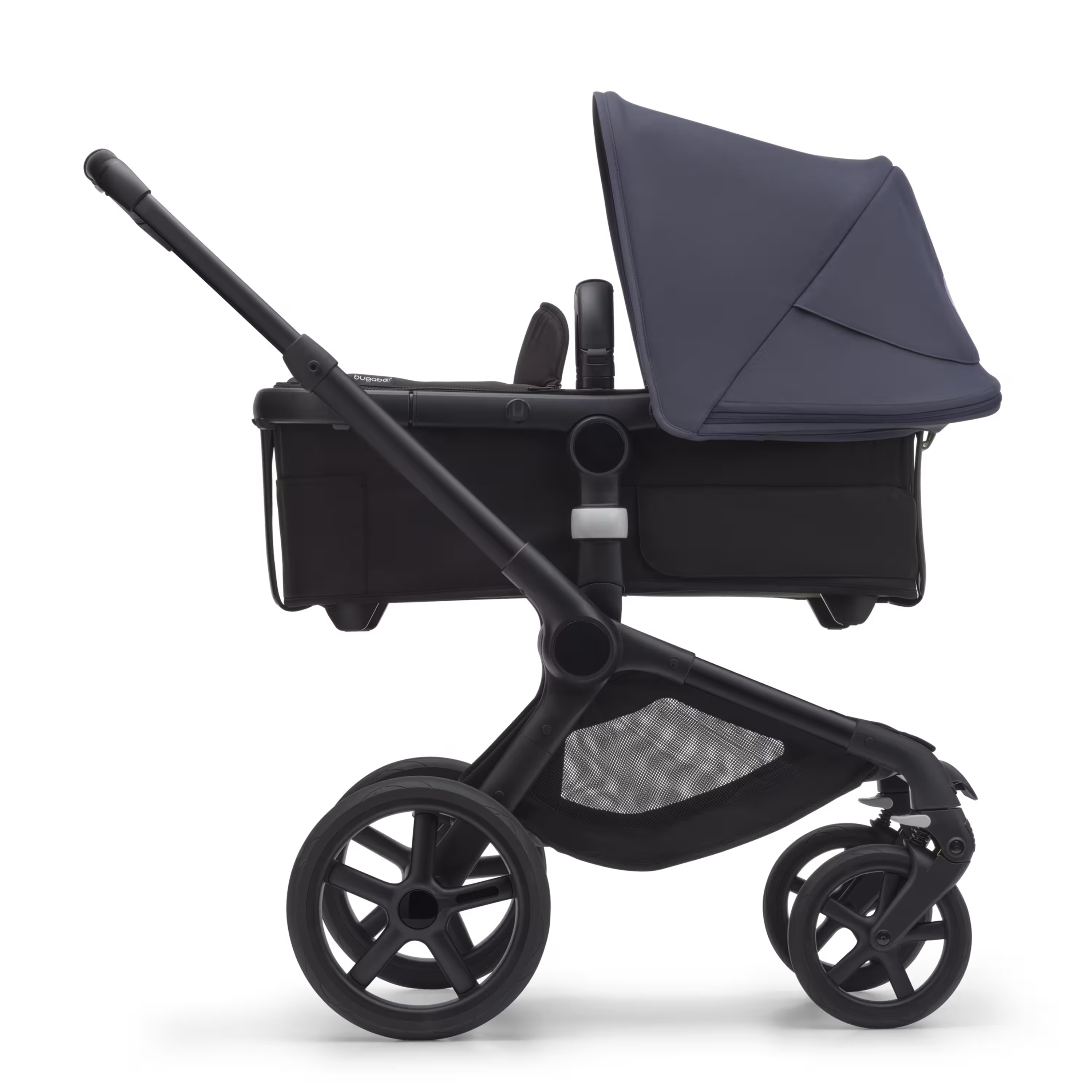 Side view of the Bugaboo Fox 5 carrycot pushchair with black chassis, midnight black fabrics and stormy blue sun canopy. - Main Modal Image Slide 2 of 13