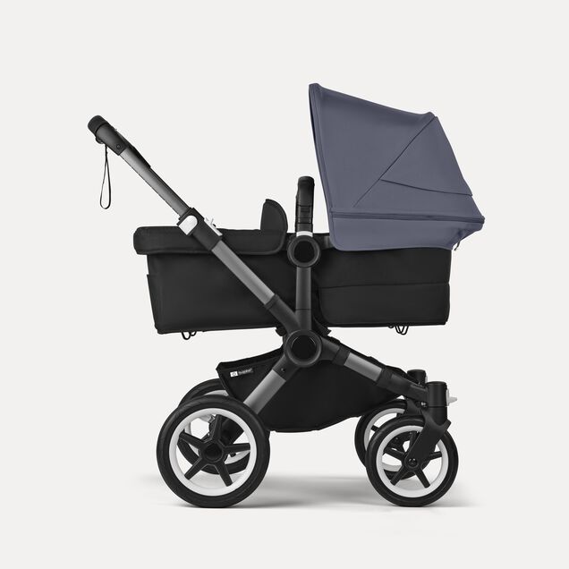 Bugaboo Donkey 5 twin stroller graphite base, midnight black fabrics, stormy blue sun canopy - Main Image Slide 2 of 12