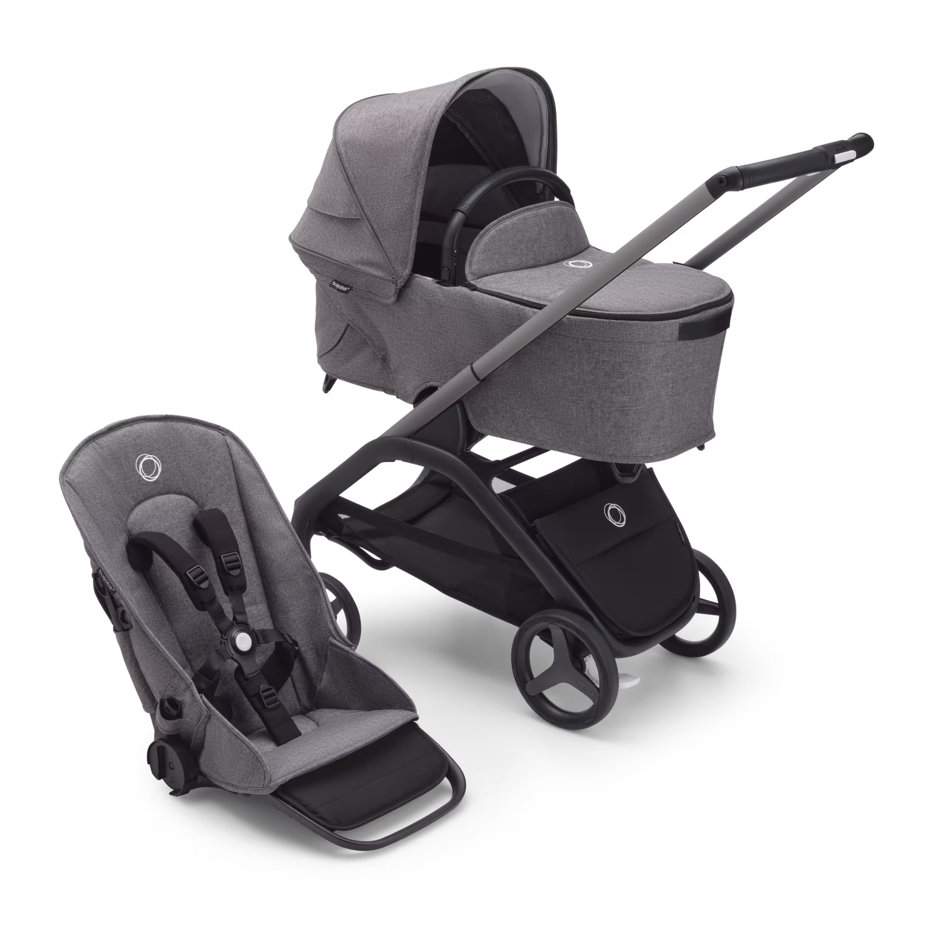 Bugaboo Dragonfly carrycot and seat pushchair with graphite chassis, grey melange fabrics and grey melange sun canopy. - Main Modal Image Slide 1 of 16