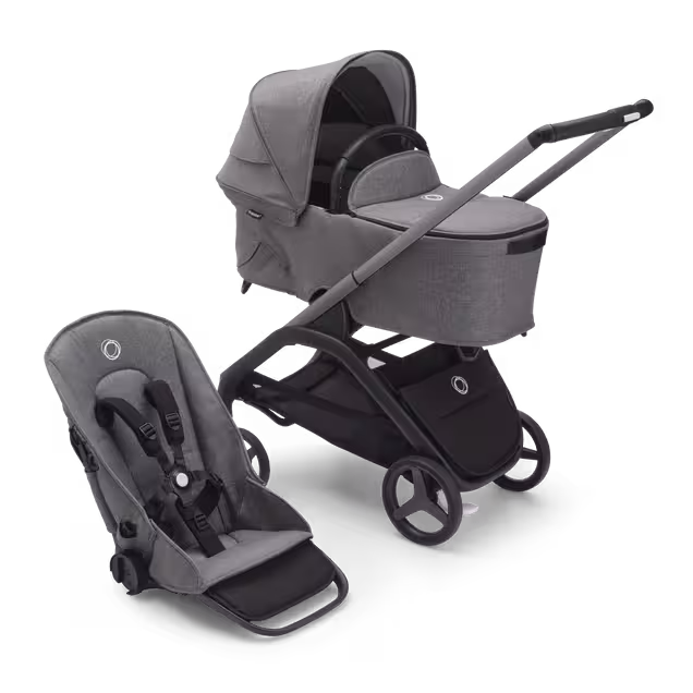 Bugaboo Dragonfly carrycot and seat pushchair with graphite chassis, grey melange fabrics and grey melange sun canopy. - Main Image Slide 1 of 16