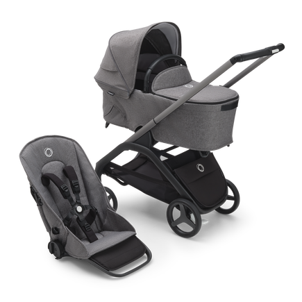 Bugaboo Dragonfly carrycot and seat pushchair with graphite chassis, grey melange fabrics and grey melange sun canopy.