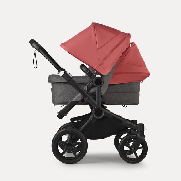 Bugaboo Donkey 5 Duo double stroller black base, grey mélange fabrics, sunrise red sun canopy - Main Image Slide 2 of 11