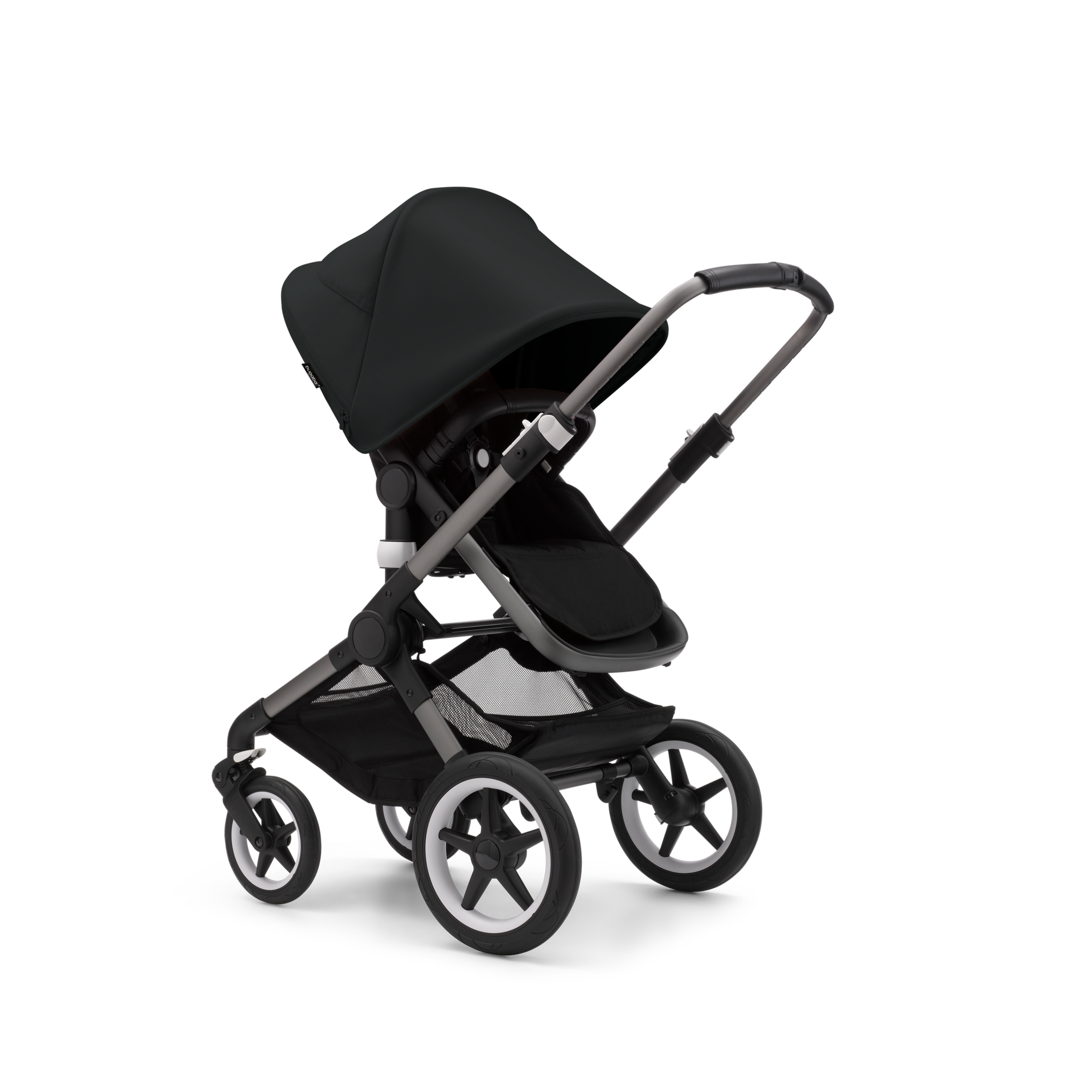 Bugaboo Fox 3 seat stroller with graphite frame, black fabrics, and black sun canopy. - Thumbnail Slide 1 of 7