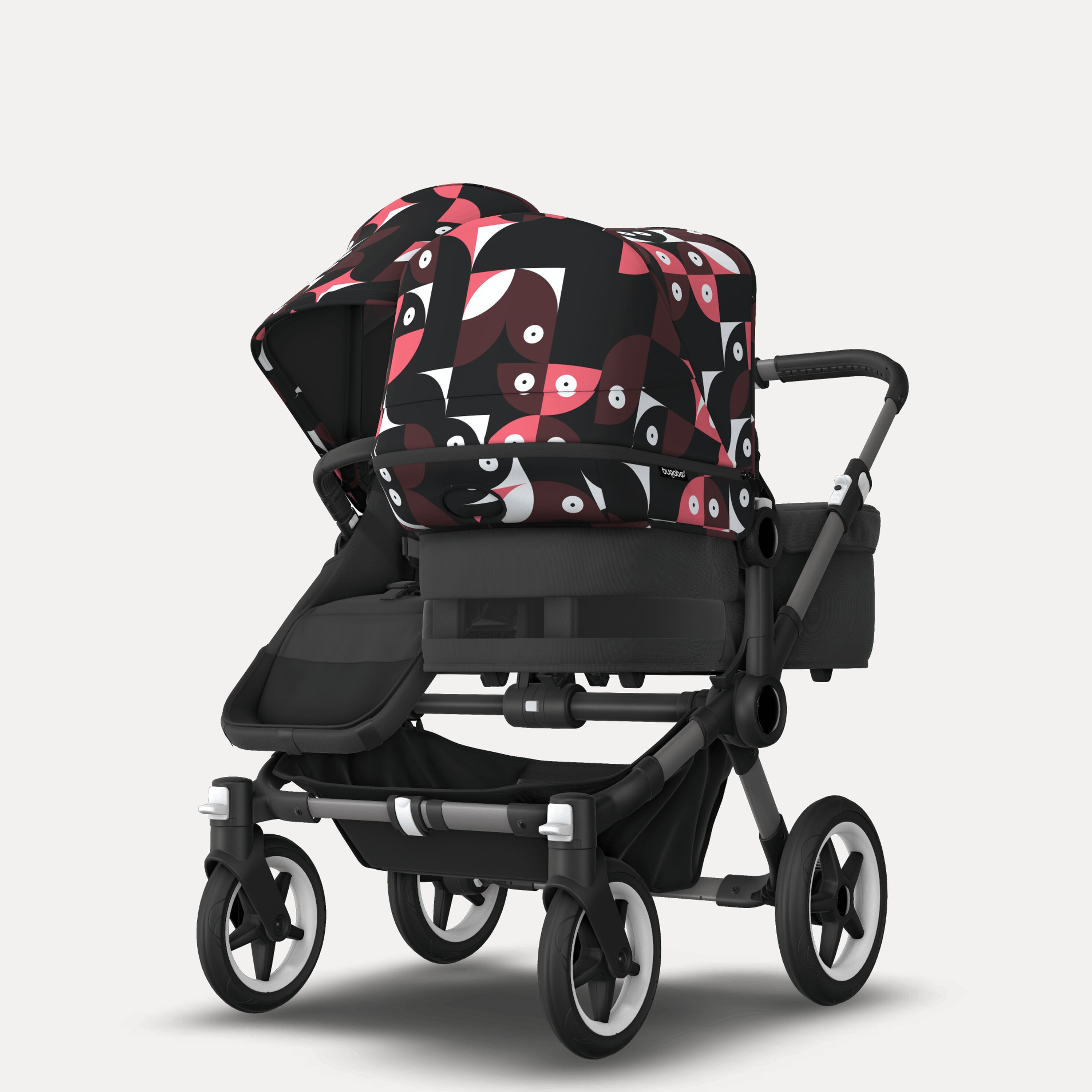 Bugaboo Donkey 5 Duo double stroller graphite base, midnight black fabrics, animal explorer pink/ red sun canopy - Main Modal Image Slide 3 of 10