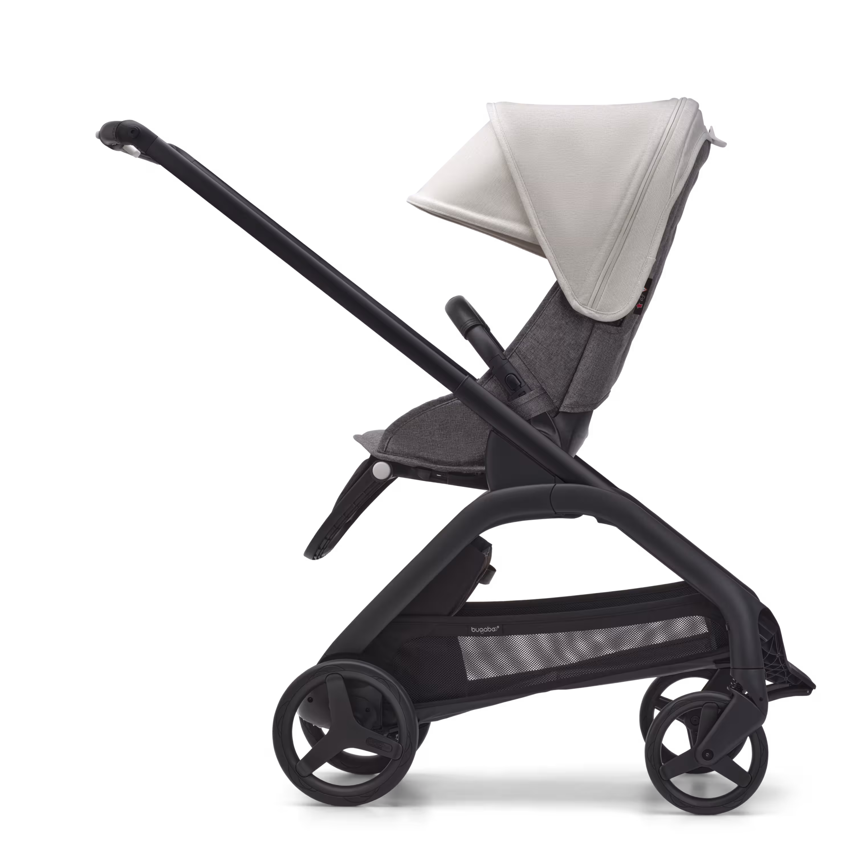 Side view of the Bugaboo Dragonfly seat stroller with black chassis, grey melange fabrics and misty white sun canopy. - Main Modal Image Slide 2 of 16