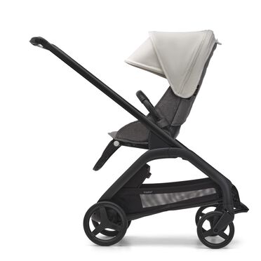 Side view of the Bugaboo Dragonfly seat stroller with black chassis, grey melange fabrics and misty white sun canopy. - view 2