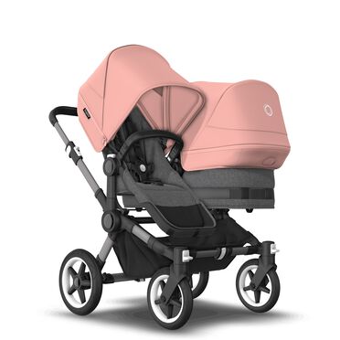 Bugaboo Donkey 5 Duo double stroller graphite base, grey mélange fabrics, morning pink sun canopy