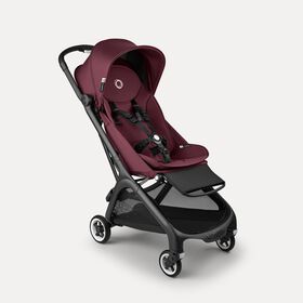 Bugaboo Butterfly travel stroller black base, dark cherry red fabrics, dark cherry red sun canopy