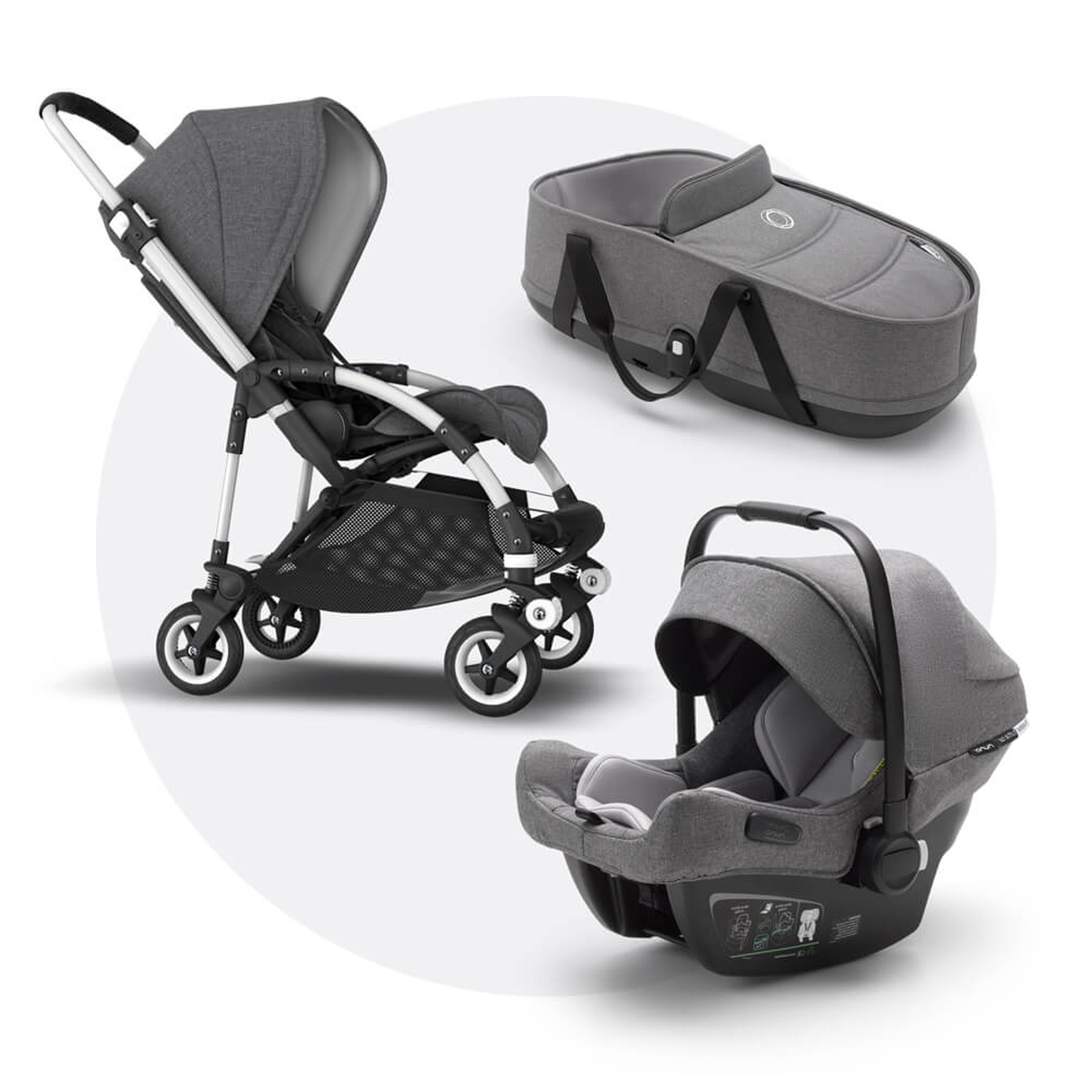 Bugaboo Bee 5 travel system grey melange sun canopy, grey melange fabrics, aluminium base - Main Modal Image Slide 1 of 18