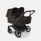 Bugaboo Donkey 6 twin stroller black base, cocoa brown fabrics, cocoa brown sun canopy