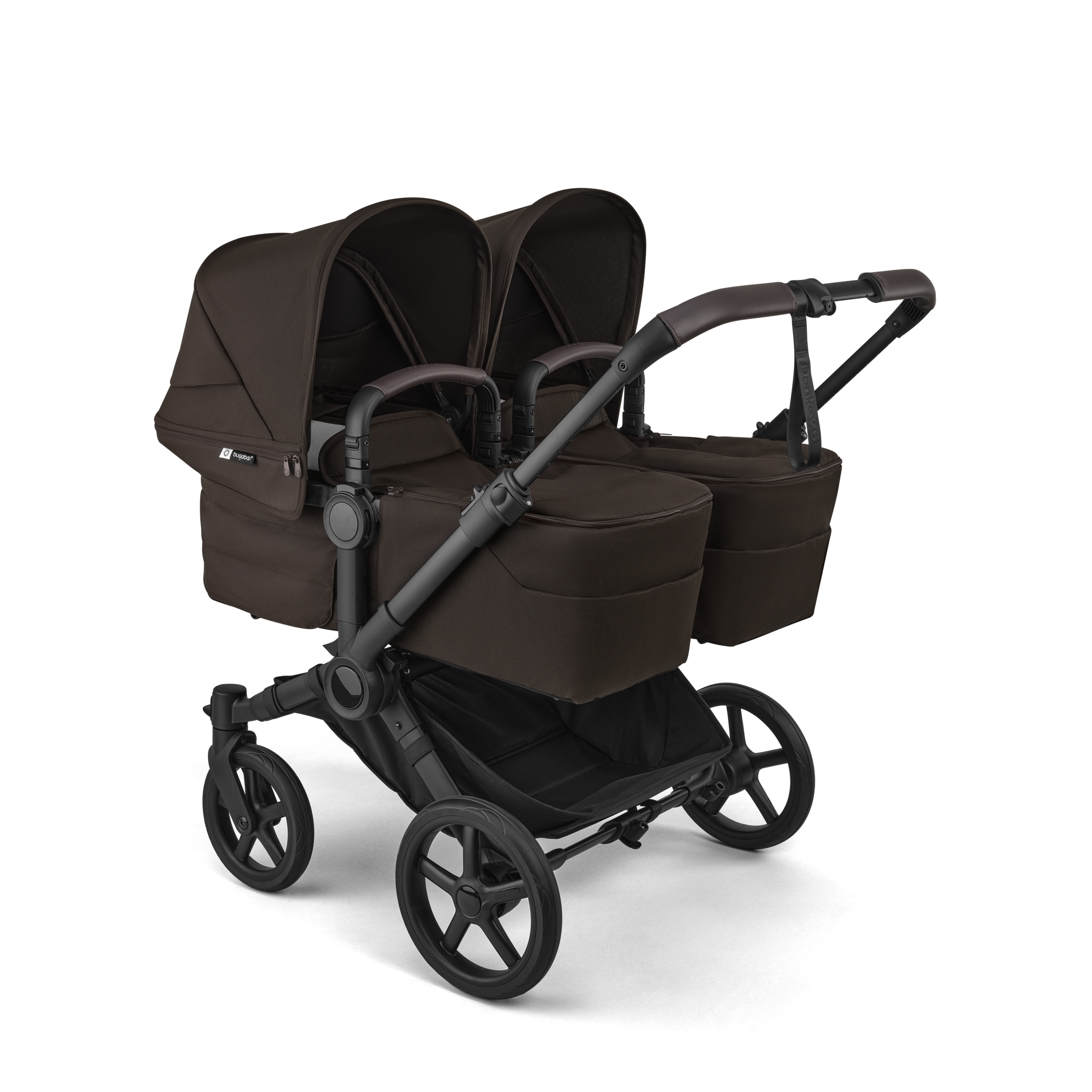 Bugaboo Donkey 6 twin stroller black base, cocoa brown fabrics, cocoa brown sun canopy view 1 - Thumbnail Slide 1 of 9