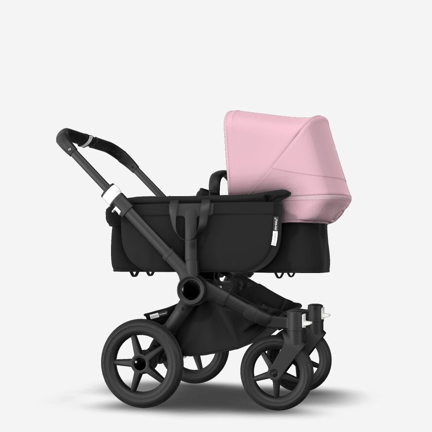 Bugaboo Donkey 3 Mono seat and bassinet stroller soft pink sun canopy, black fabrics, black base