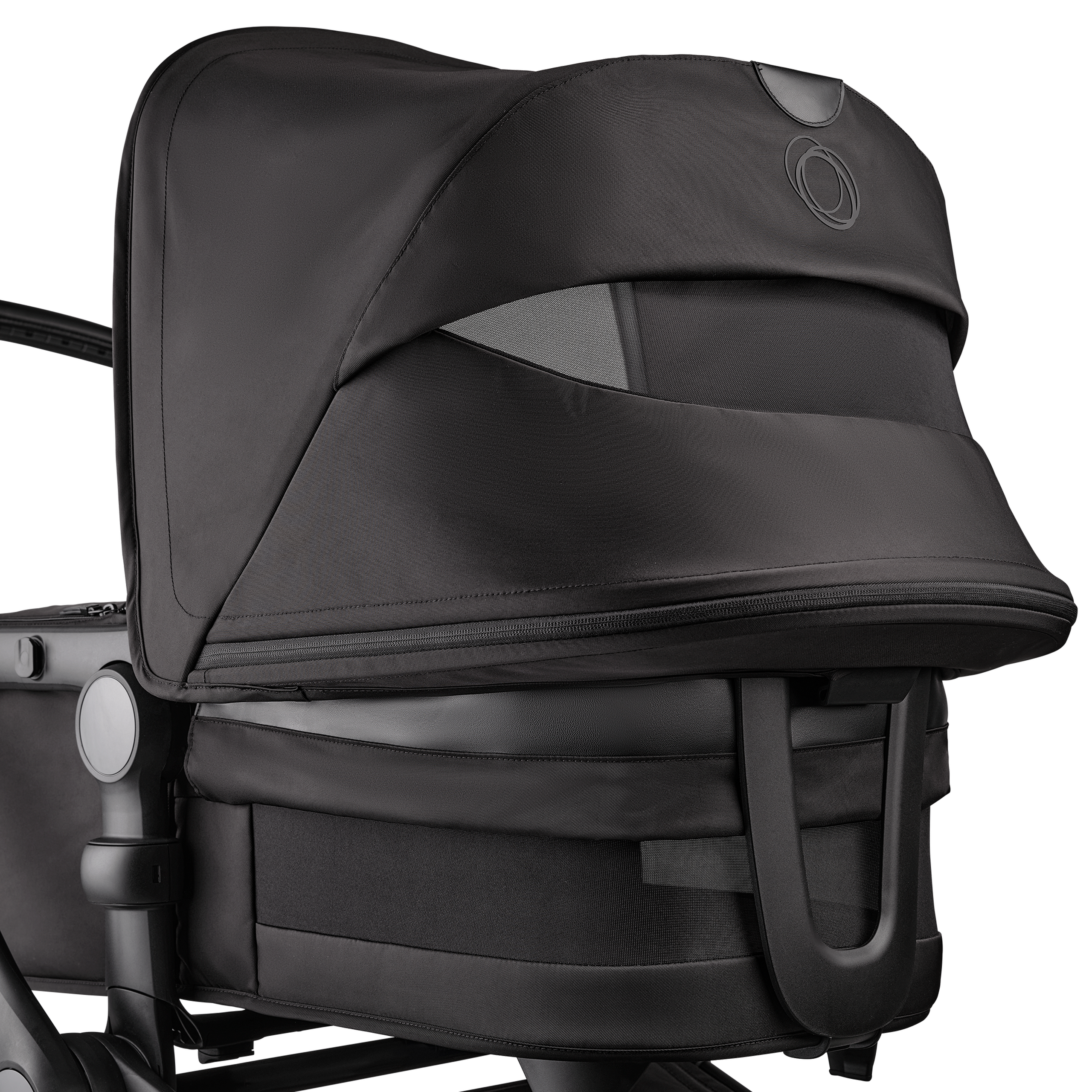 A close up of the sun canopy and the bassinet of the Bugaboo Fox 5 Noir Limited Edition Black Moonlight. The canopy and bassinet's breezy panels are visible. - Thumbnail Slide 7 of 15