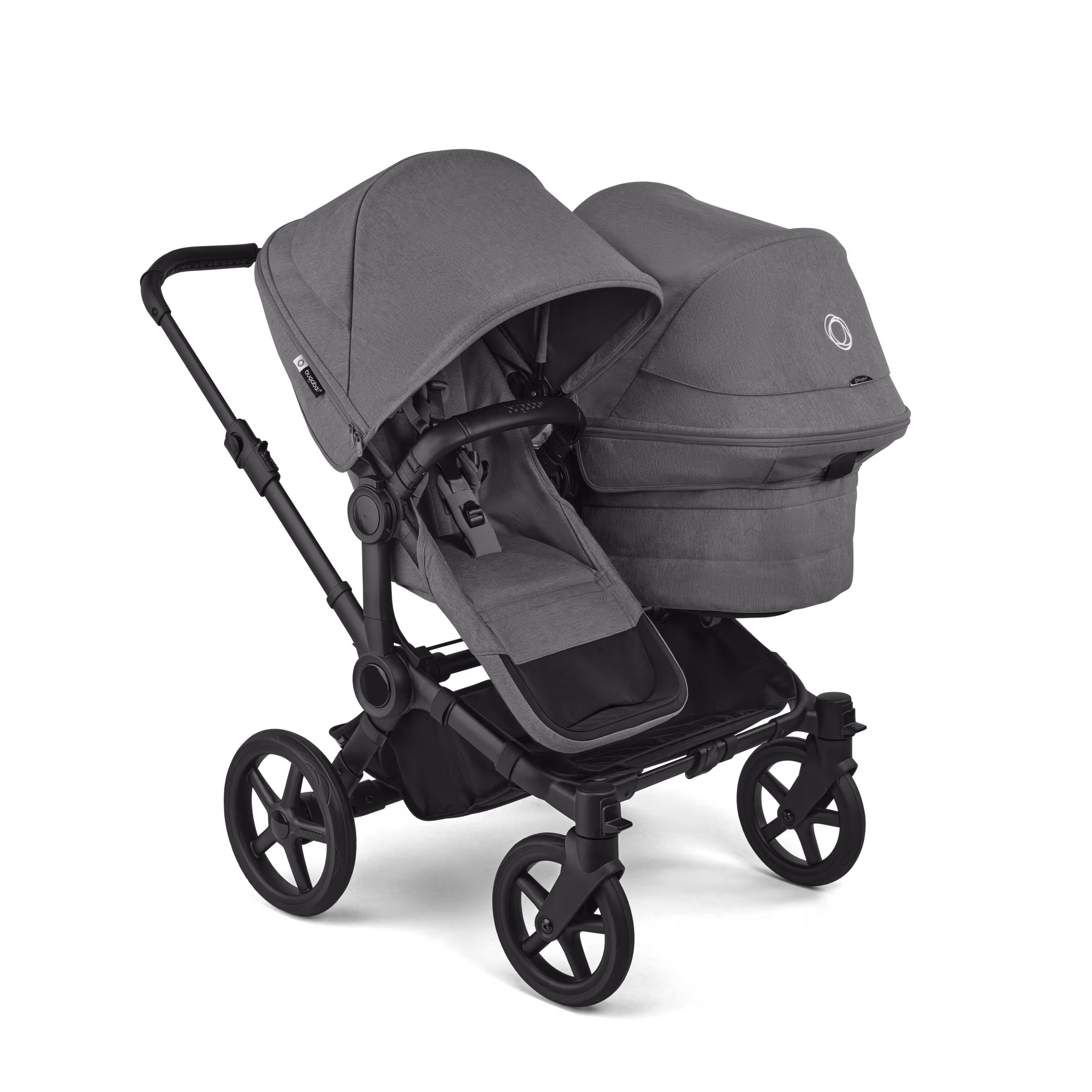 Bugaboo Donkey 6 double stroller black base, moon grey fabrics, moon grey sun canopy view 1 - Main Modal Image Slide 1 of 10