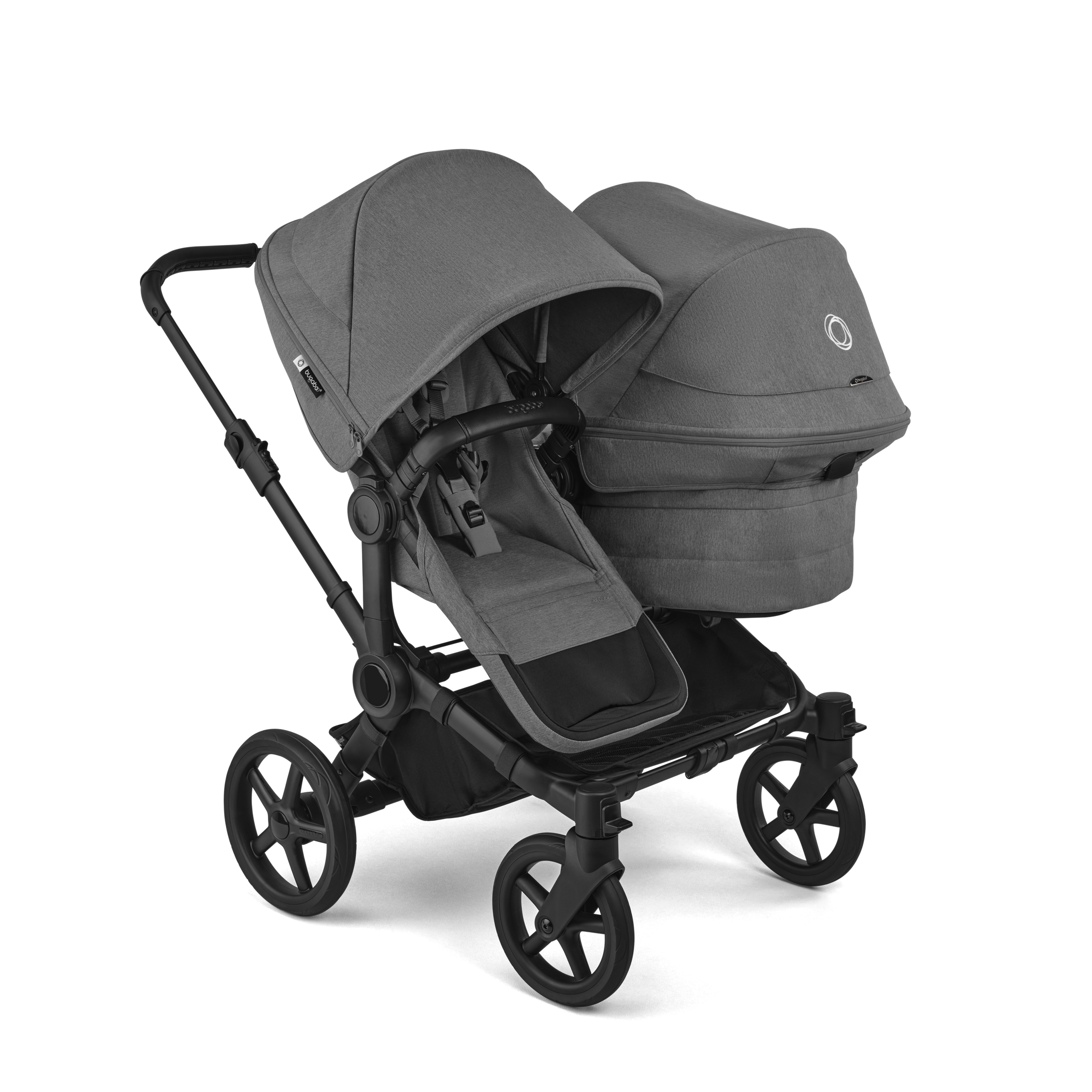 Bugaboo Donkey 6 double stroller black base, moon grey fabrics, moon grey sun canopy - Thumbnail Slide 1 of 10