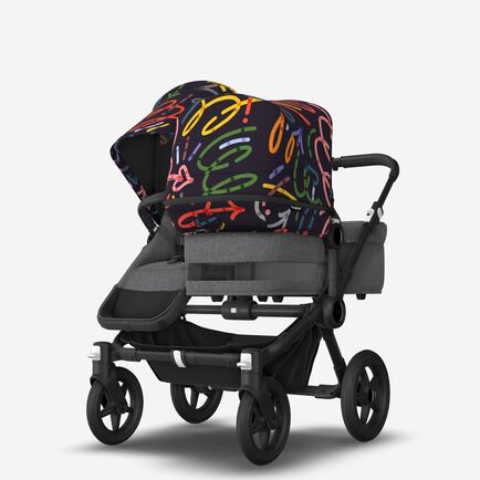Bugaboo Donkey 5 Duo bassinet and seat stroller black base, grey mélange fabrics, art of discovery dark blue sun canopy