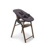 Bugaboo Giraffe chair in warm wood/grey and newborn set in dark grey.