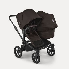 Bugaboo Donkey 6 double stroller black base, cocoa brown fabrics, cocoa brown sun canopy