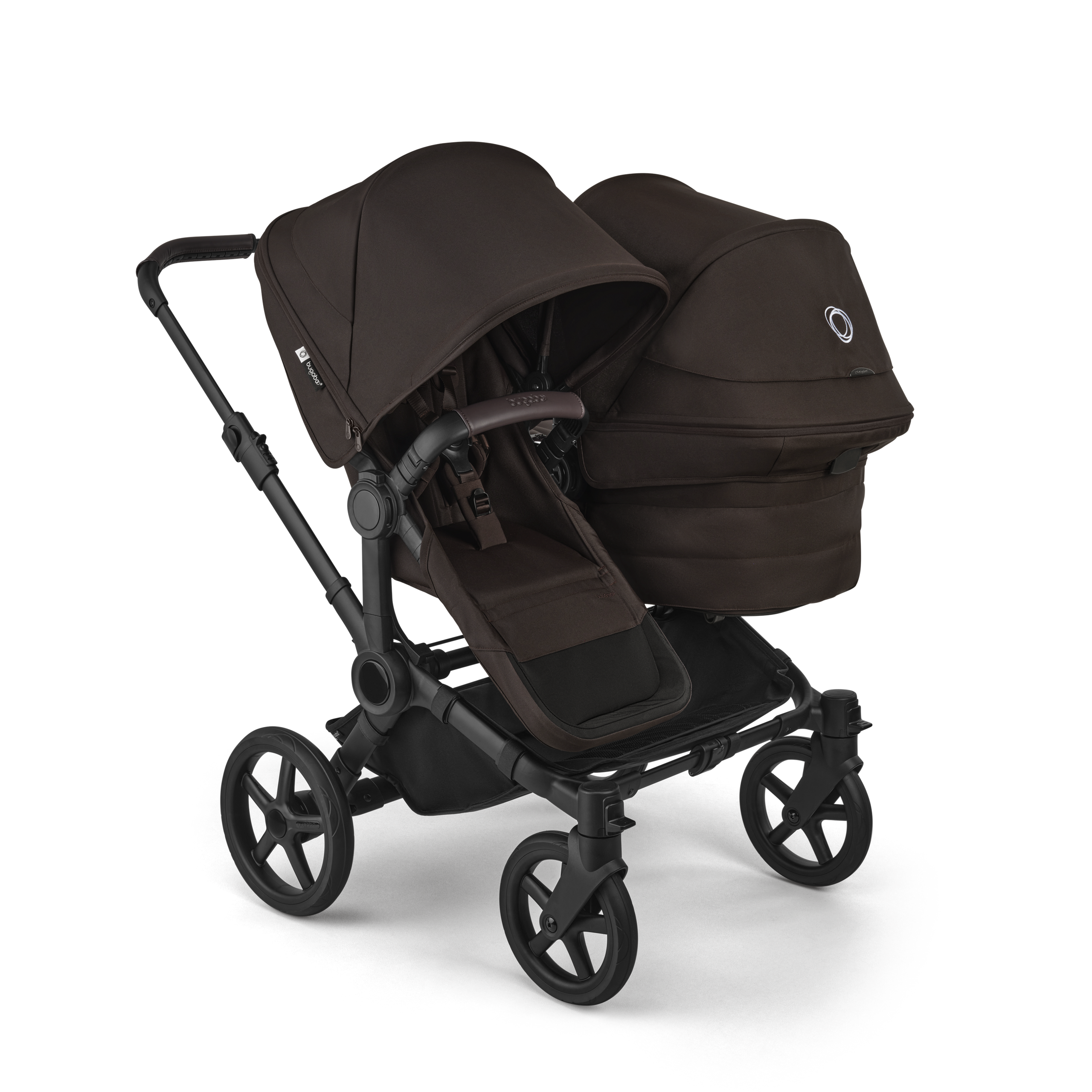 Bugaboo Donkey 6 double stroller black base, cocoa brown fabrics, cocoa brown sun canopy view 1 - Thumbnail Slide 1 of 10