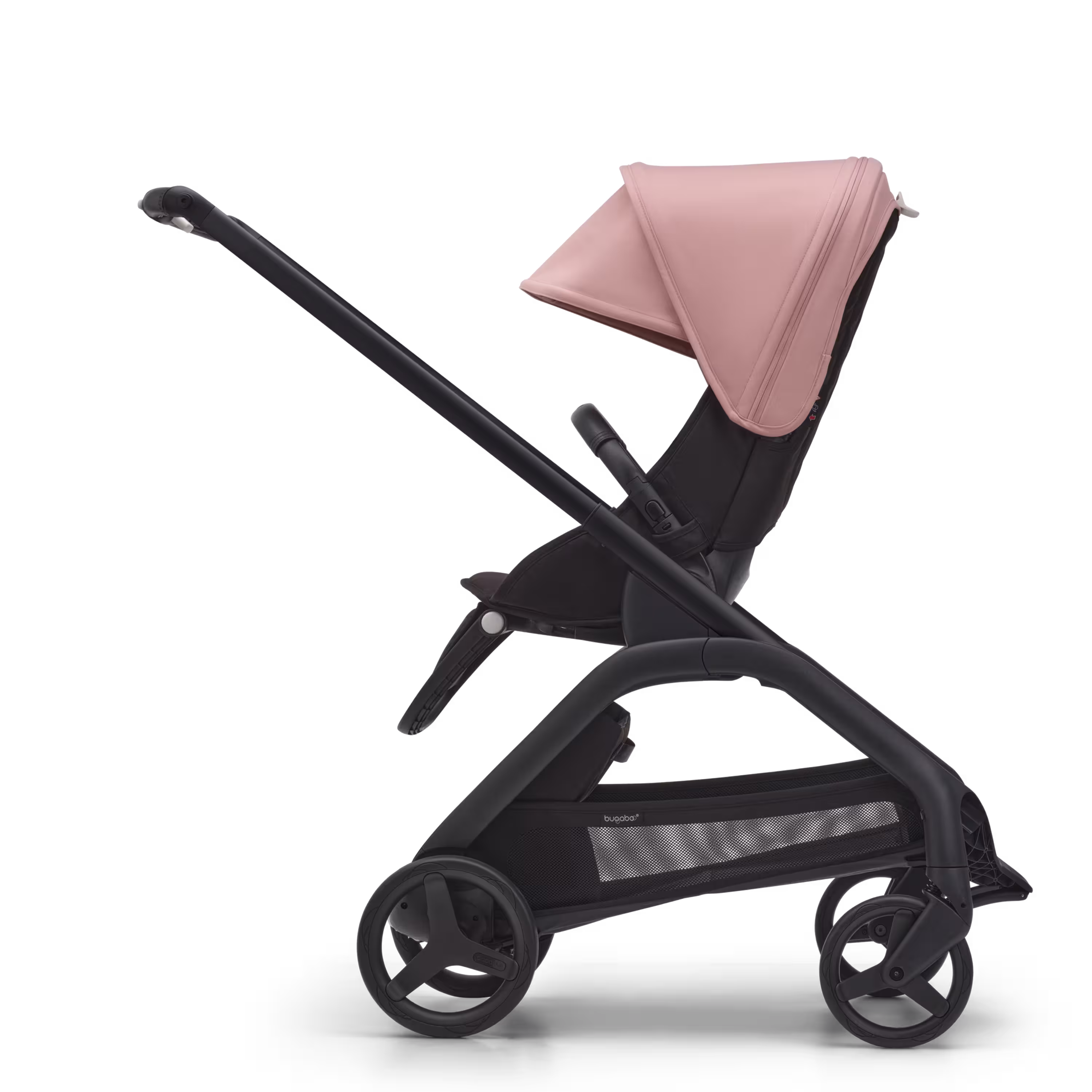 Side view of the Bugaboo Dragonfly seat stroller with black chassis, midnight black fabrics and morning pink sun canopy. - Main Modal Image Slide 2 of 16