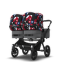 Bugaboo Donkey 5 Twin bassinet and seat stroller black base, grey mélange fabrics, animal explorer red/blue sun canopy