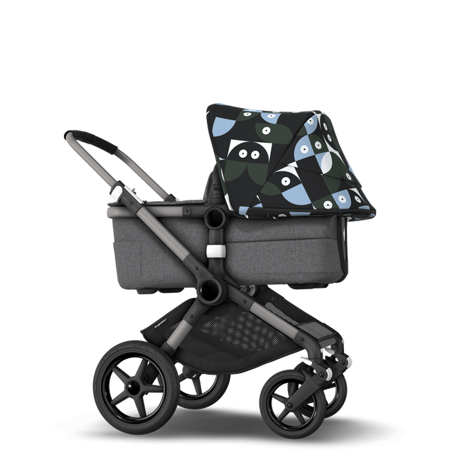 Bugaboo Fox 3 bassinet and seat stroller black base, grey melange fabrics, animal explorer green/ light blue sun canopy