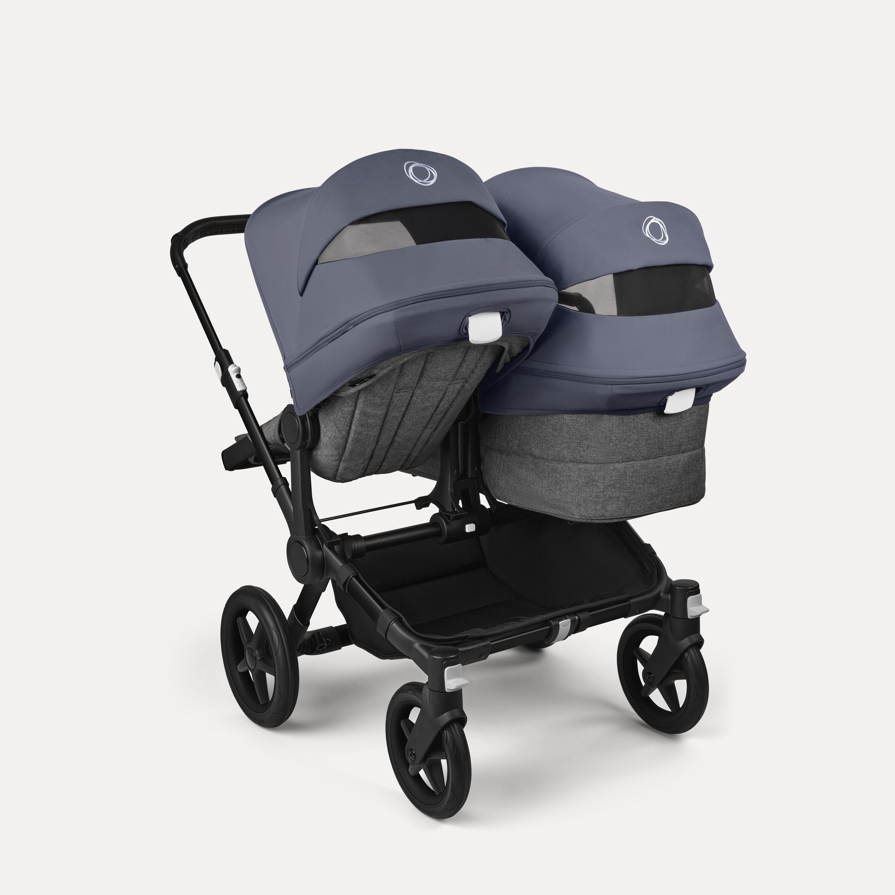 Bugaboo Donkey 5 Duo double stroller black base, grey mélange fabrics, stormy blue sun canopy - Main Modal Image Slide 4 of 11