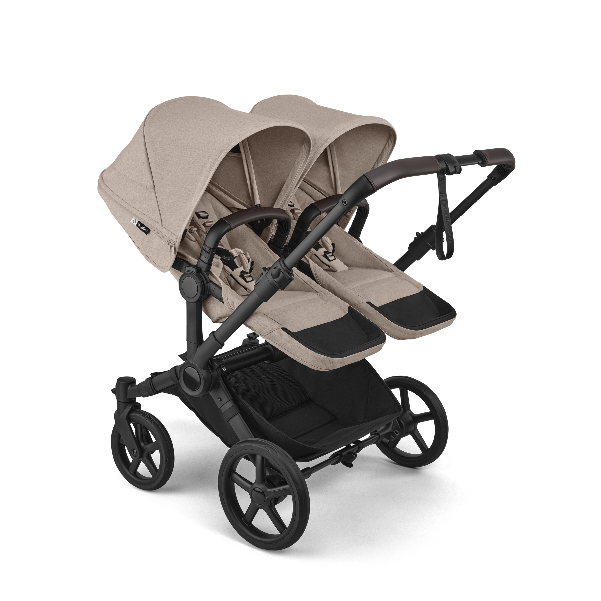 Bugaboo Donkey 6 twin stroller black base, desert taupe melange fabrics, desert taupe melange sun canopy view 2 - Thumbnail Slide 2 of 9