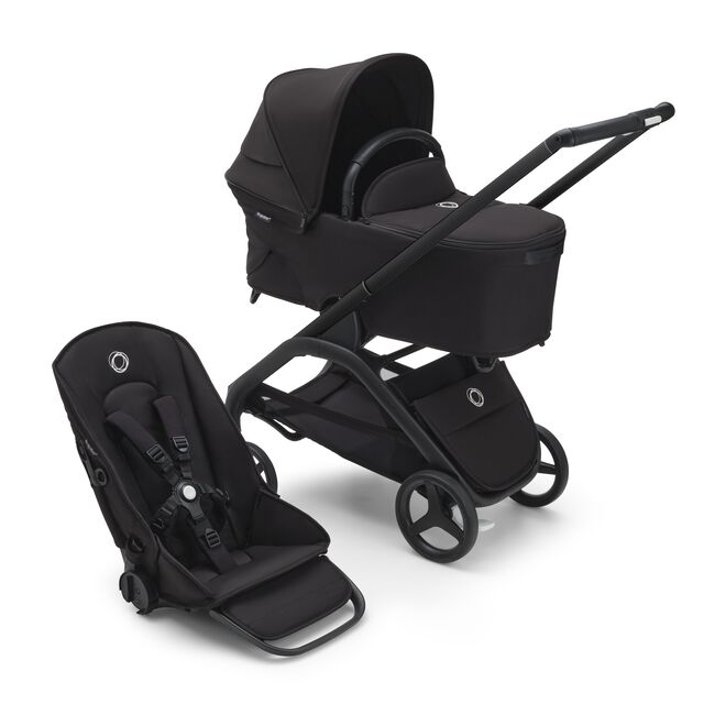 Bugaboo Dragonfly bassinet and seat stroller with black chassis, midnight black fabrics and midnight black sun canopy.