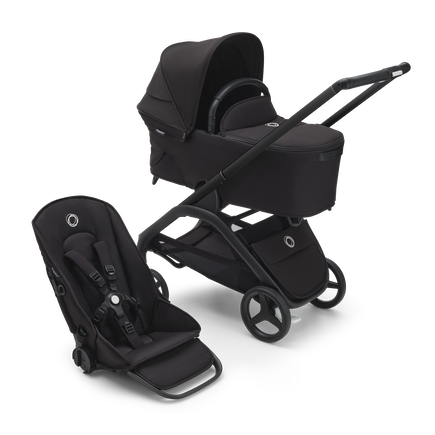 Poussette siège et nacelle Bugaboo Dragonfly avec châssis noir, habillages nuit noire et capote nuit noire.