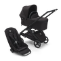 Poussette siège et nacelle Bugaboo Dragonfly avec châssis noir, habillages nuit noire et capote nuit noire.