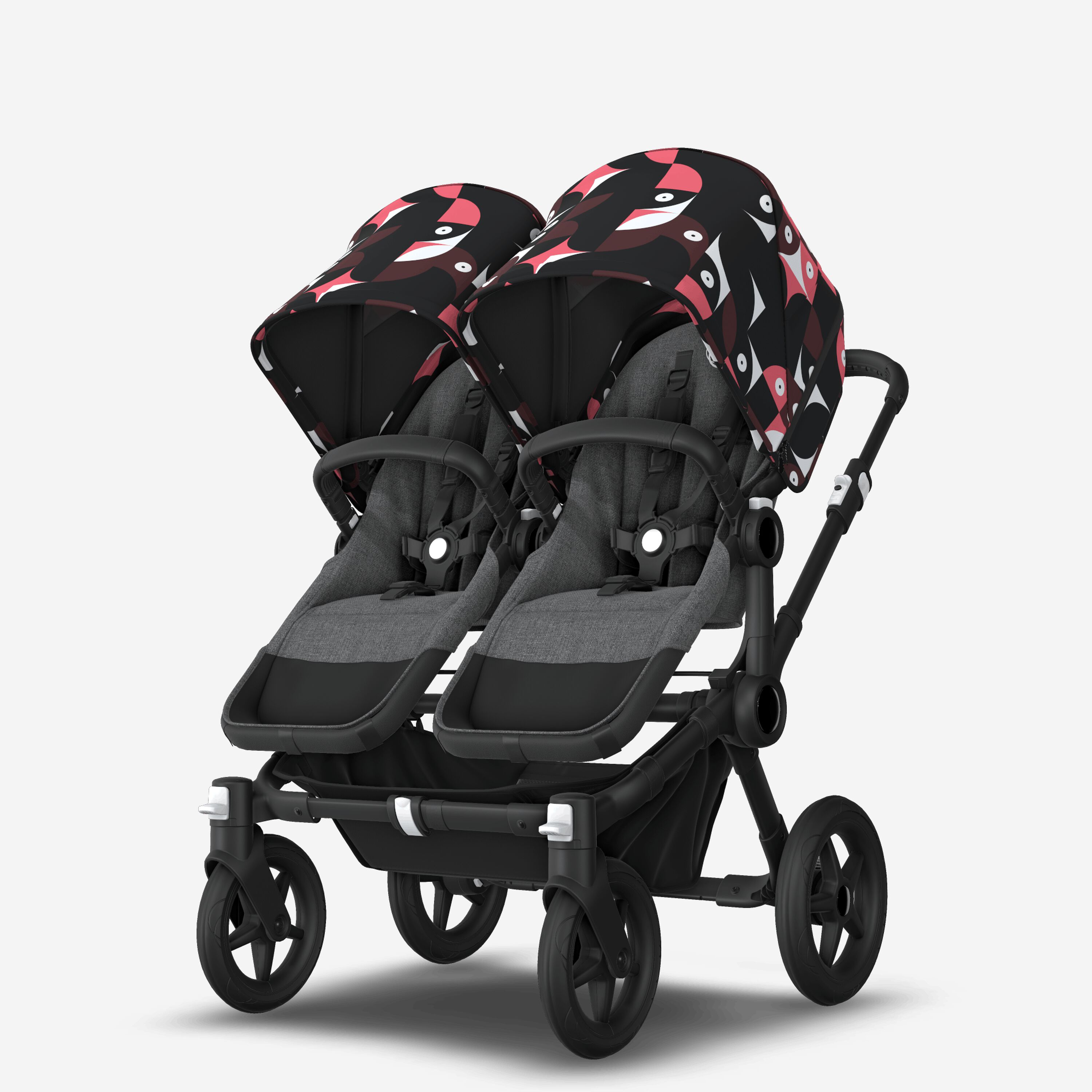 Bugaboo Donkey 5 twin stroller black base, grey mélange fabrics, animal explorer pink/red sun canopy - Main Modal Image Slide 2 of 12
