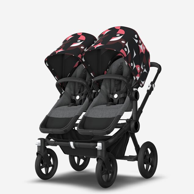 Bugaboo Donkey 5 twin stroller black base, grey mélange fabrics, animal explorer pink/red sun canopy - Main Image Slide 2 of 12