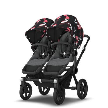Bugaboo Donkey 5 twin stroller black base, grey mélange fabrics, animal explorer pink/red sun canopy - view 2