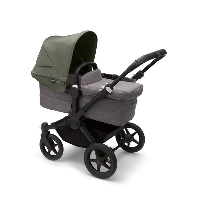 Bugaboo Donkey 5 Mono bassinet stroller with black chassis, grey melange fabrics and forest green sun canopy.
