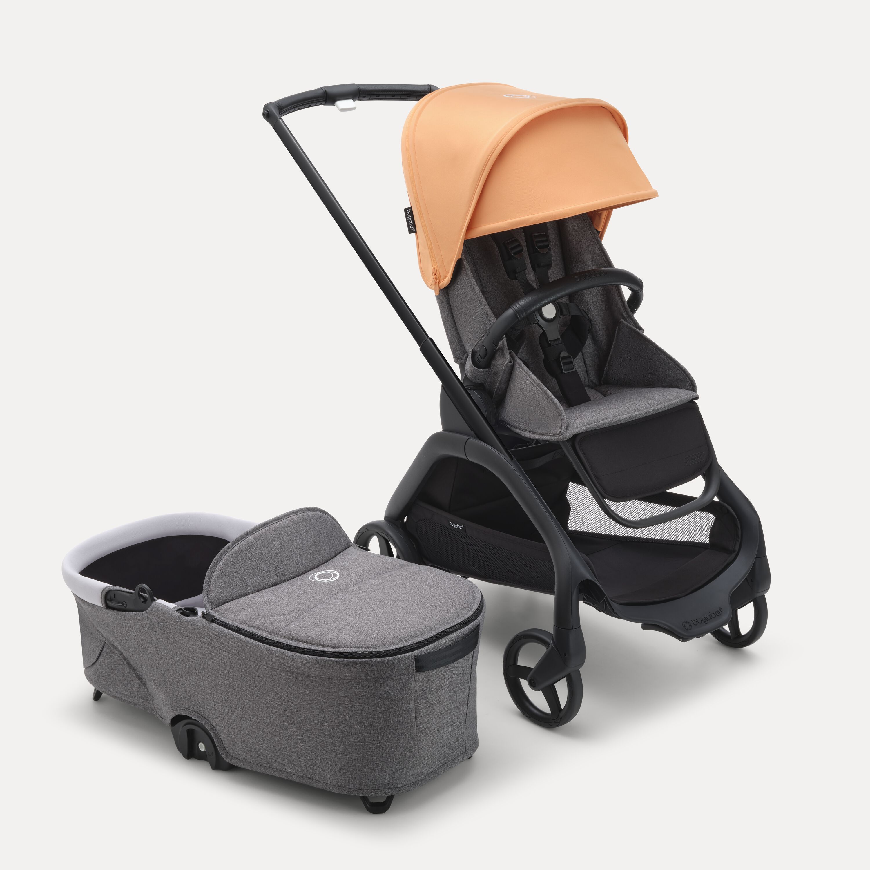 Refurbished Bugaboo Dragonfly bassinet and seat stroller black base, grey melange fabrics, island coral  sun canopy - Main Modal Image Slide 2 of 2
