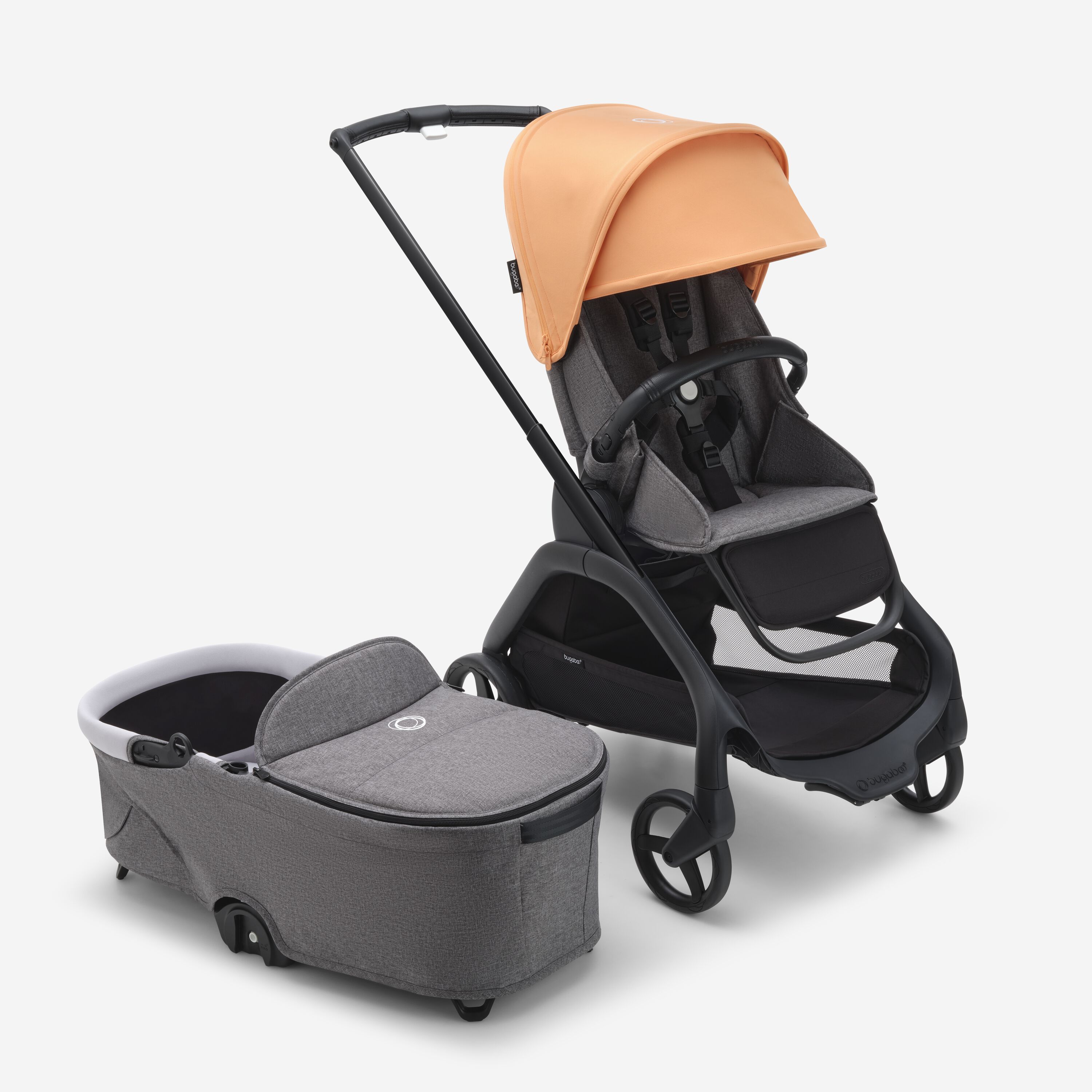 Refurbished Bugaboo Dragonfly bassinet and seat stroller black base, grey melange fabrics, island coral  sun canopy - Main Modal Image Slide 2 of 2