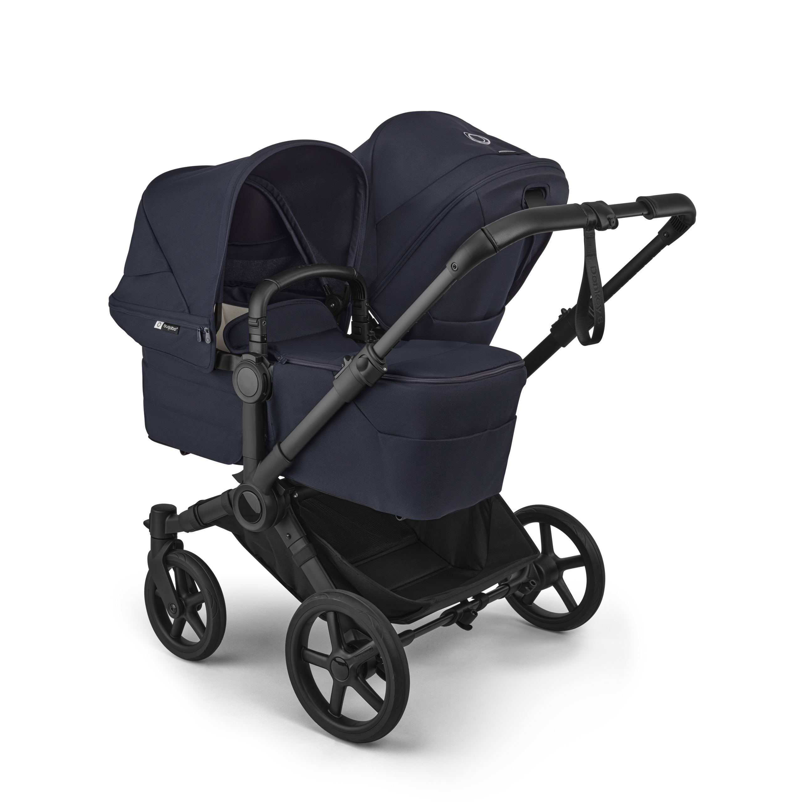 Bugaboo Donkey 6 double stroller black base, deep indigo fabrics, deep indigo sun canopy view 2 - Thumbnail Slide 2 of 10