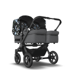 Bugaboo Donkey 5 Twin bassinet and seat stroller black base, grey mélange fabrics, animal explorer green/light blue sun canopy