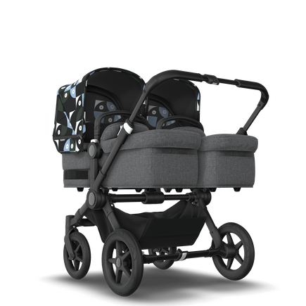 Bugaboo Donkey 5 Twin bassinet and seat stroller black base, grey mélange fabrics, animal explorer green/light blue sun canopy - view 1